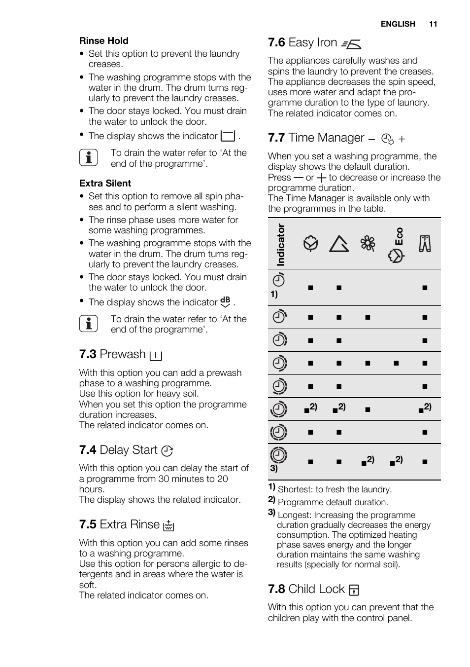 3 prewash, 4 delay start, 5 extra rinse | 6 easy iron, 7 time manager, 8 child lock | Electrolux EWF1286GDW User Manual | Page 11 / 48