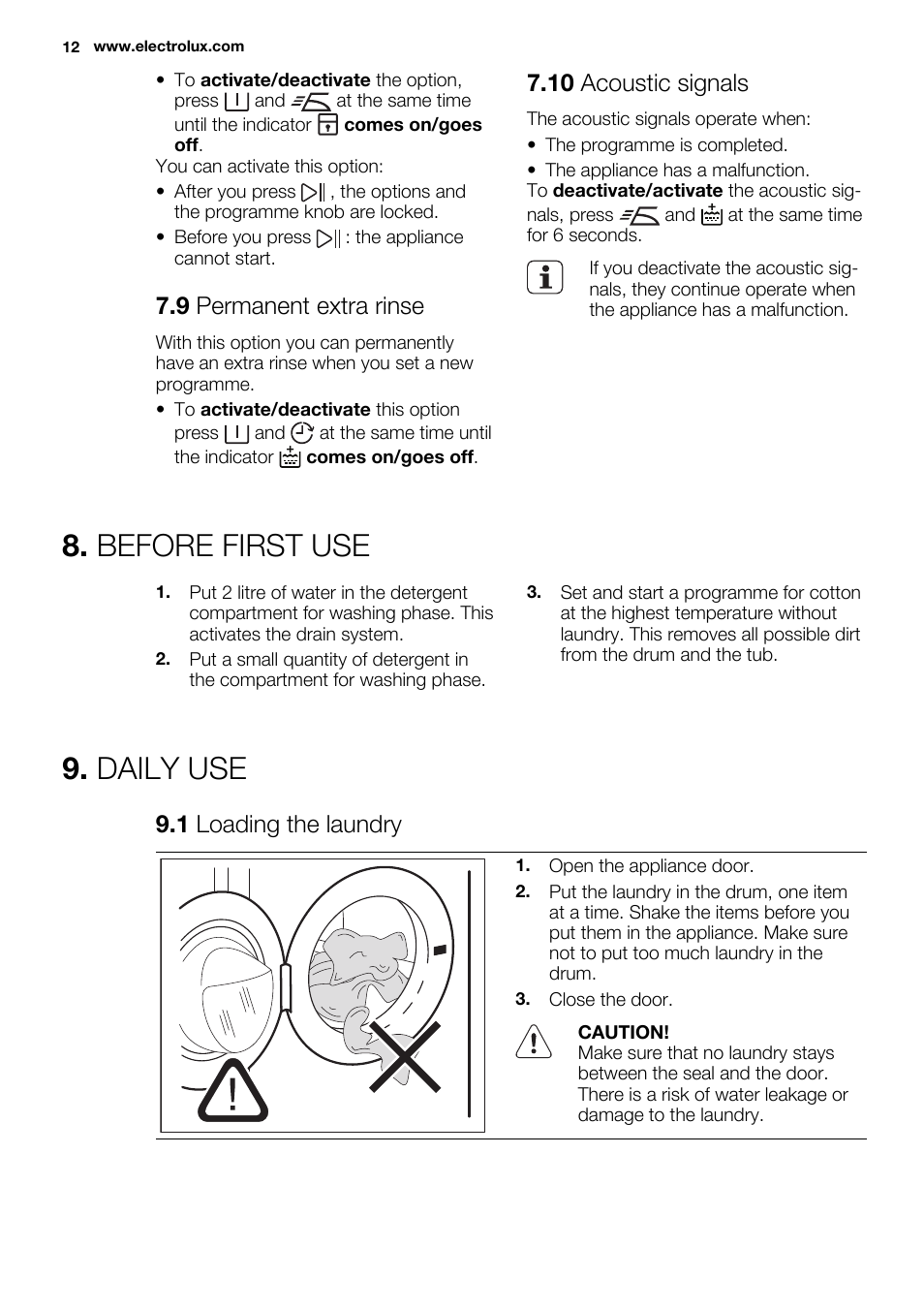 Before first use, Daily use, 9 permanent extra rinse | 10 acoustic signals, 1 loading the laundry | Electrolux EWF1286GDW User Manual | Page 12 / 48