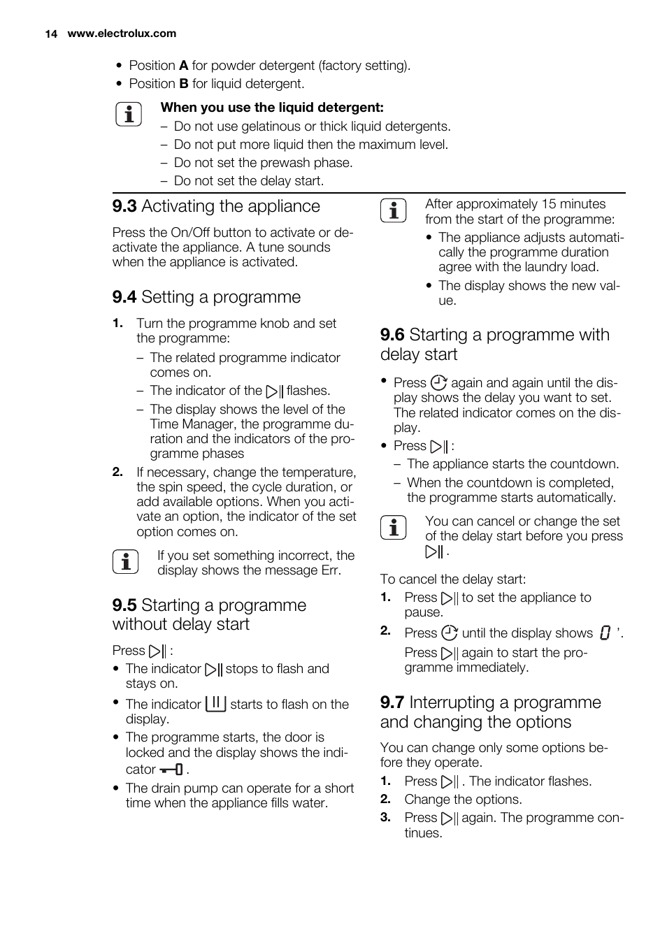 3 activating the appliance, 4 setting a programme, 5 starting a programme without delay start | 6 starting a programme with delay start | Electrolux EWF1286GDW User Manual | Page 14 / 48