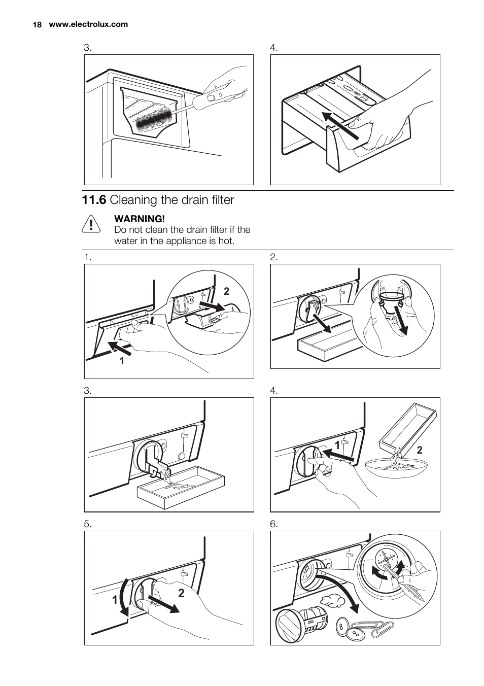 6 cleaning the drain filter | Electrolux EWF1286GDW User Manual | Page 18 / 48