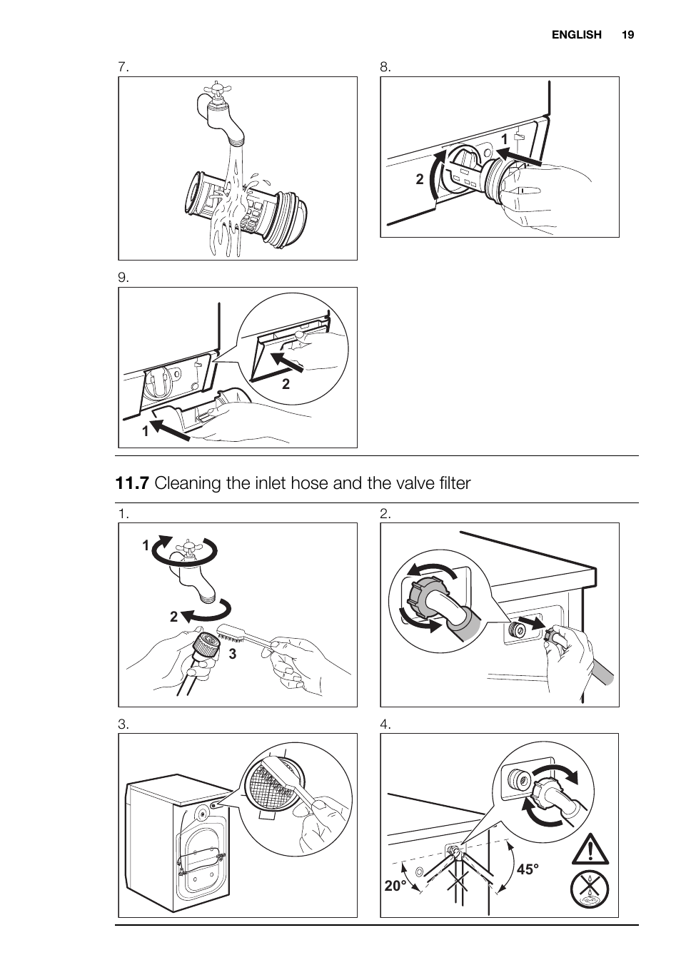 7 cleaning the inlet hose and the valve filter | Electrolux EWF1286GDW User Manual | Page 19 / 48