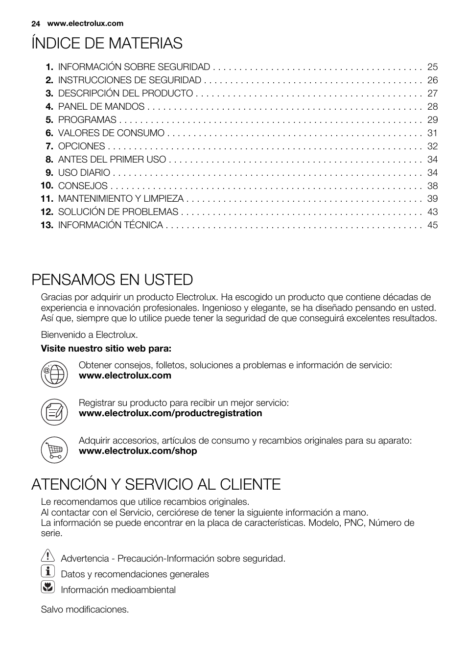 Índice de materias, Pensamos en usted, Atención y servicio al cliente | Electrolux EWF1286GDW User Manual | Page 24 / 48