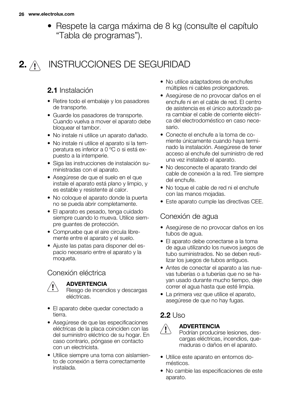 Instrucciones de seguridad, 1 instalación, Conexión eléctrica | Conexión de agua, 2 uso | Electrolux EWF1286GDW User Manual | Page 26 / 48