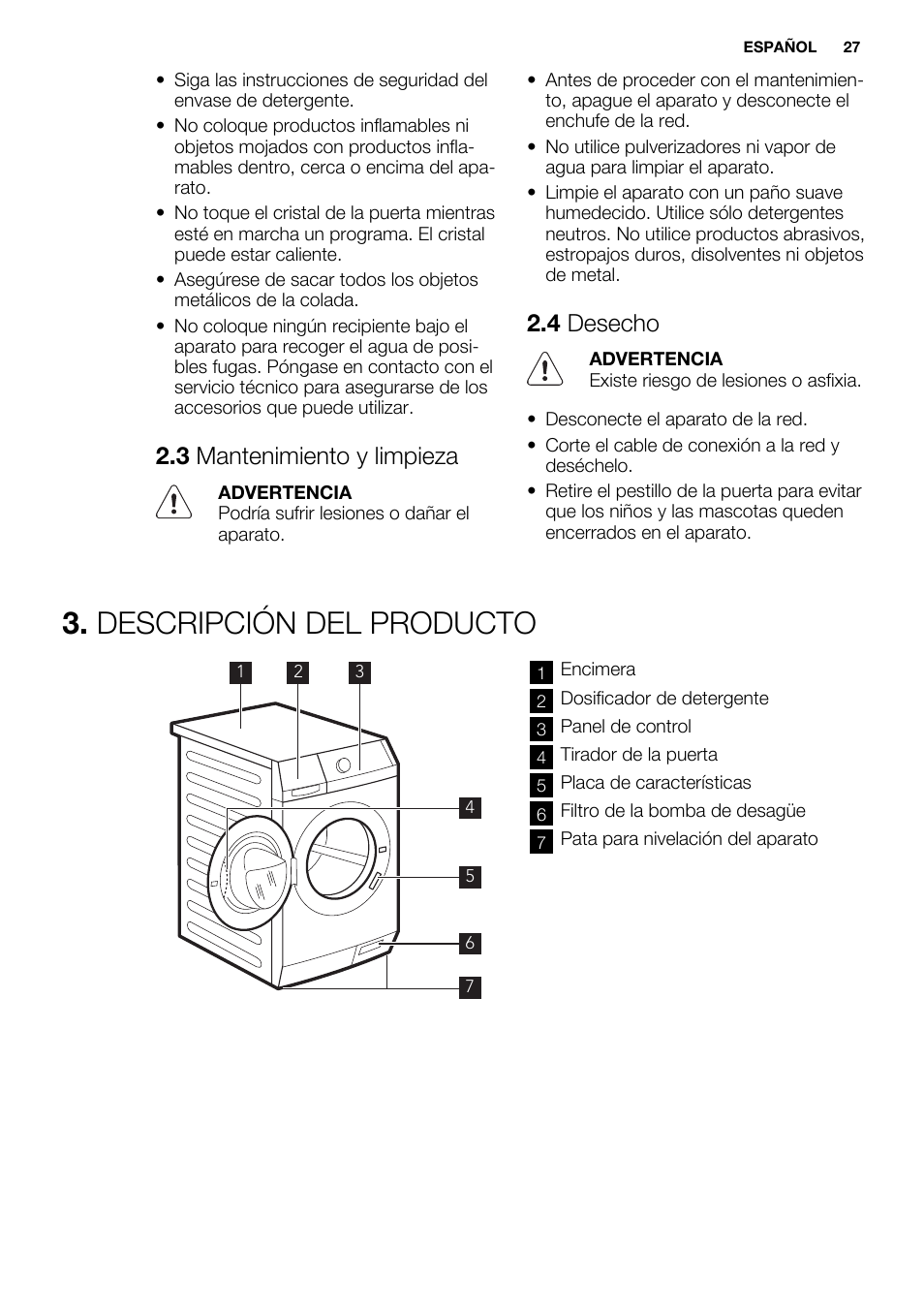 Descripción del producto, 3 mantenimiento y limpieza, 4 desecho | Electrolux EWF1286GDW User Manual | Page 27 / 48