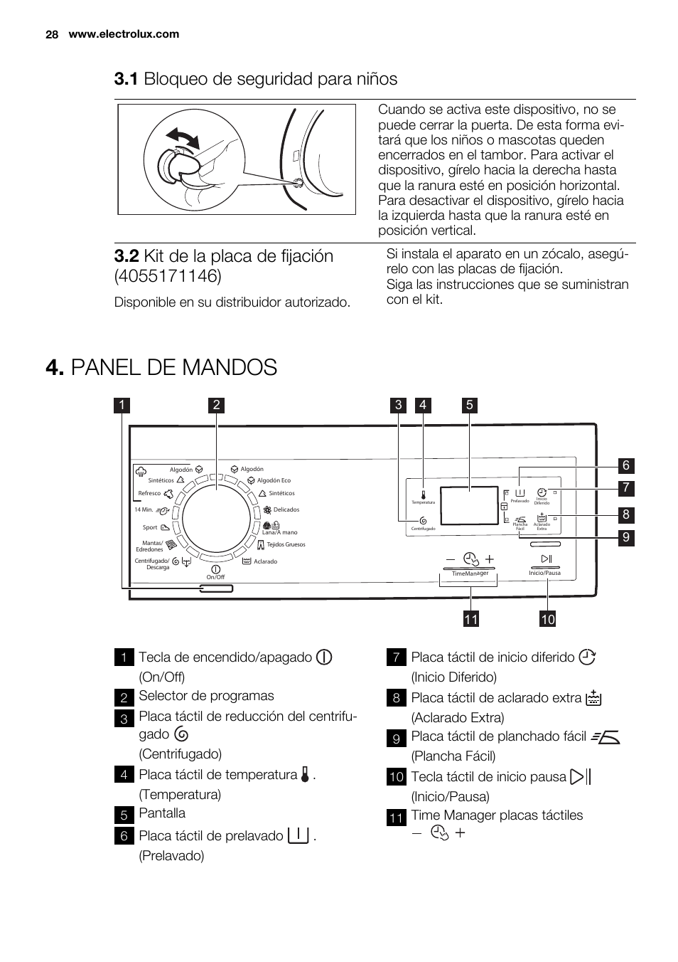 Panel de mandos, 1 bloqueo de seguridad para niños, Tecla de encendido/apagado (on/off) | Selector de programas, Placa táctil de temperatura . (temperatura), Pantalla, Placa táctil de prelavado . (prelavado), Placa táctil de inicio diferido (inicio diferido), Placa táctil de aclarado extra (aclarado extra), Placa táctil de planchado fácil (plancha fácil) | Electrolux EWF1286GDW User Manual | Page 28 / 48