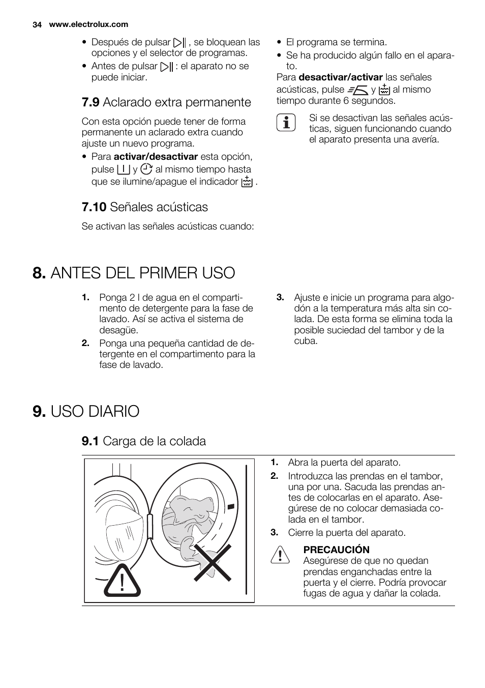 Antes del primer uso, Uso diario, 9 aclarado extra permanente | 10 señales acústicas, 1 carga de la colada | Electrolux EWF1286GDW User Manual | Page 34 / 48