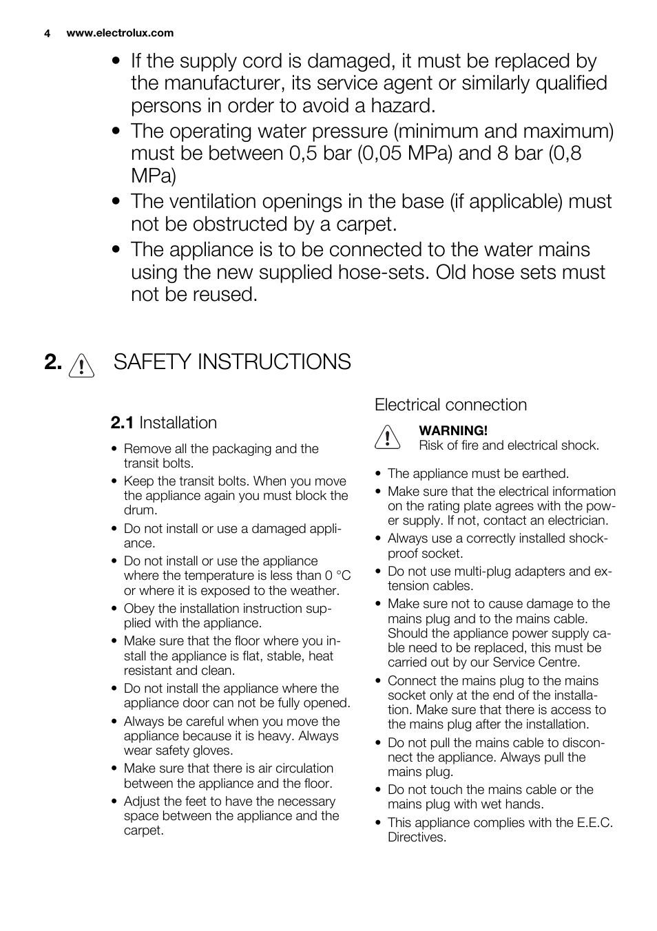 Safety instructions | Electrolux EWF1286GDW User Manual | Page 4 / 48