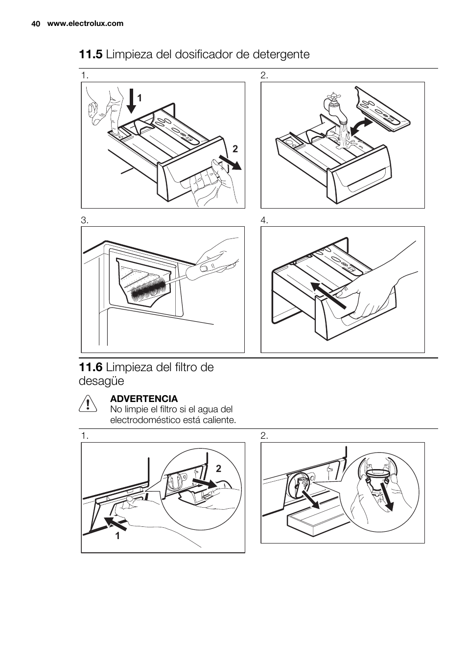 5 limpieza del dosificador de detergente, 6 limpieza del filtro de desagüe | Electrolux EWF1286GDW User Manual | Page 40 / 48