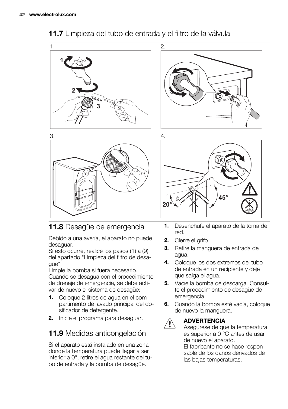 8 desagüe de emergencia, 9 medidas anticongelación | Electrolux EWF1286GDW User Manual | Page 42 / 48