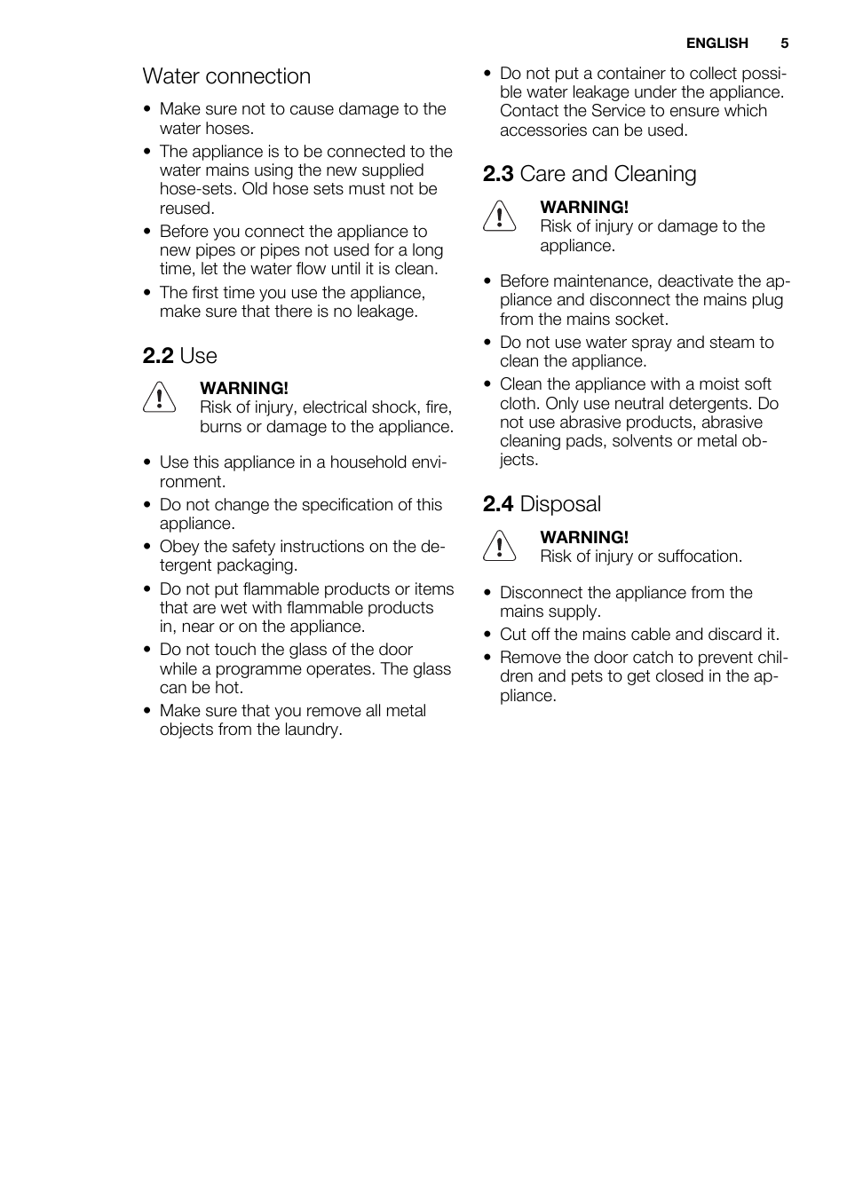 Water connection, 2 use, 3 care and cleaning | 4 disposal | Electrolux EWF1286GDW User Manual | Page 5 / 48