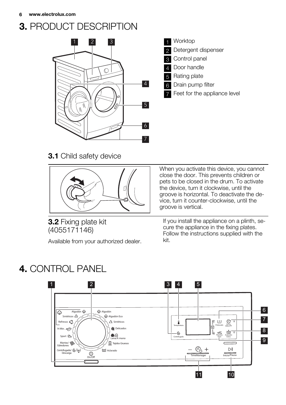 Product description, 1 child safety device, Worktop | Detergent dispenser, Control panel, Door handle, Rating plate, Drain pump filter, Feet for the appliance level | Electrolux EWF1286GDW User Manual | Page 6 / 48