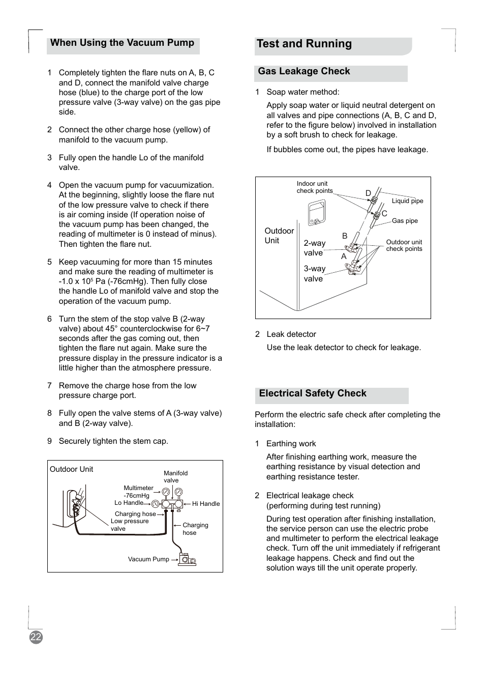 Test and running, 22 when using the vacuum pump gas leakage check, Electrical safety check | Electrolux EXM24HV1WE User Manual | Page 22 / 90