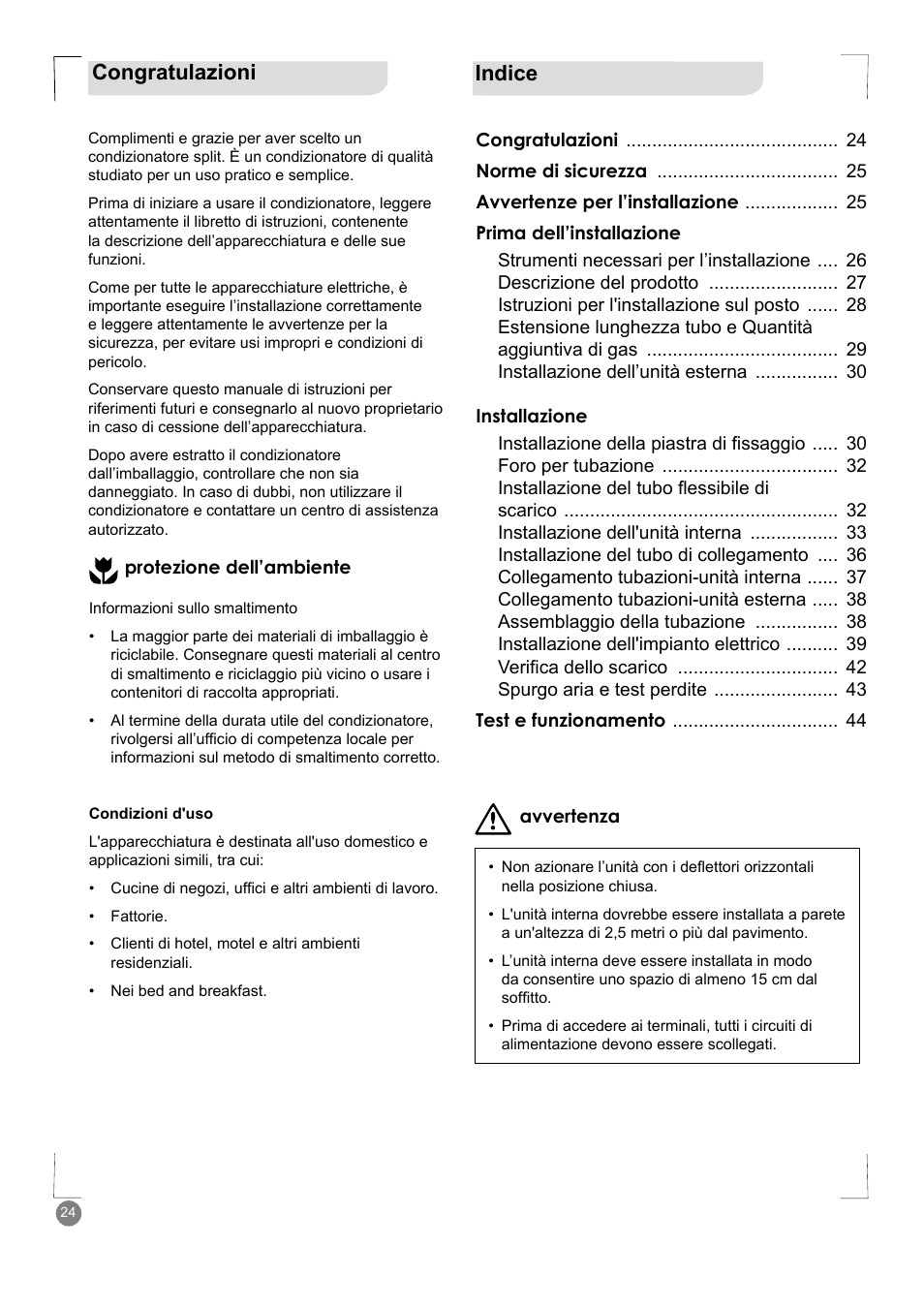 Indice, Congratulazioni | Electrolux EXM24HV1WE User Manual | Page 24 / 90