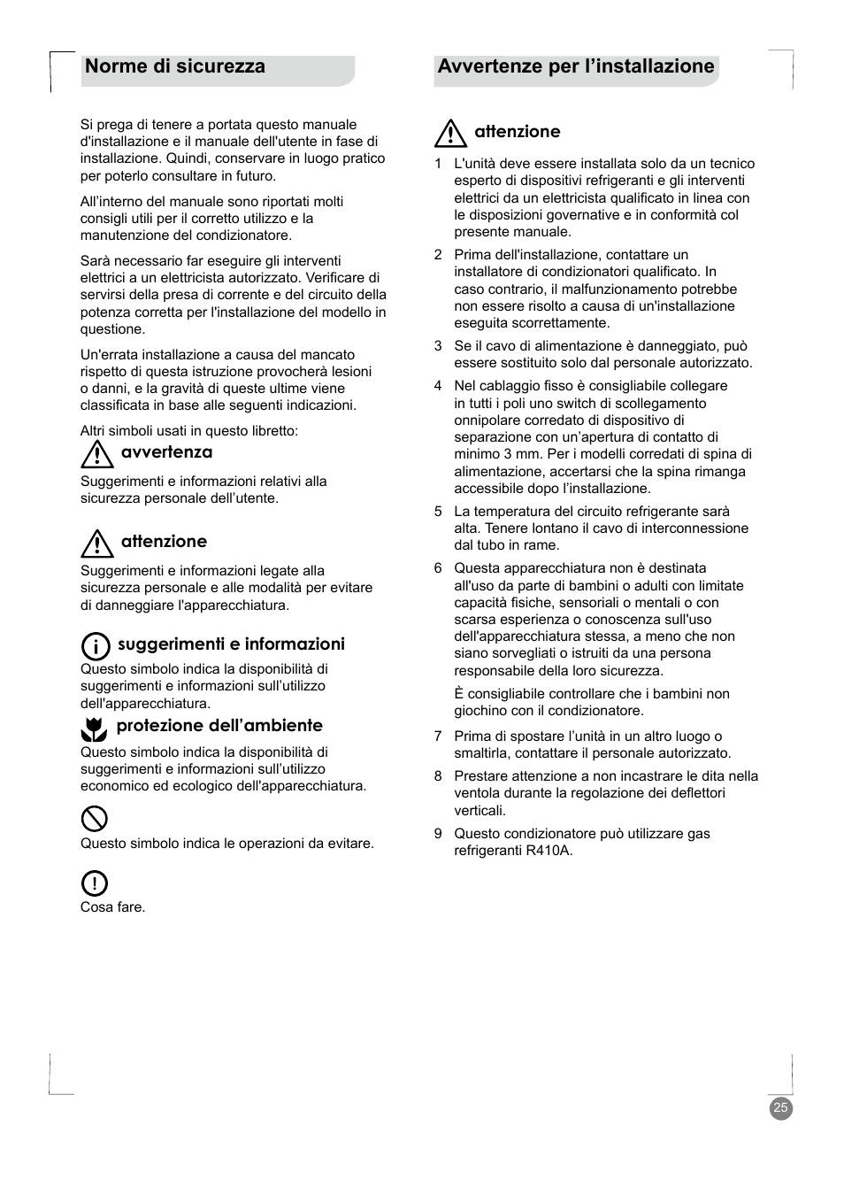 Avvertenze per l’installazione, Norme di sicurezza | Electrolux EXM24HV1WE User Manual | Page 25 / 90