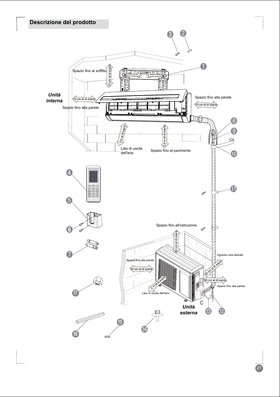 Descrizione del prodotto, Unità interna, Unità esterna | Electrolux EXM24HV1WE User Manual | Page 27 / 90