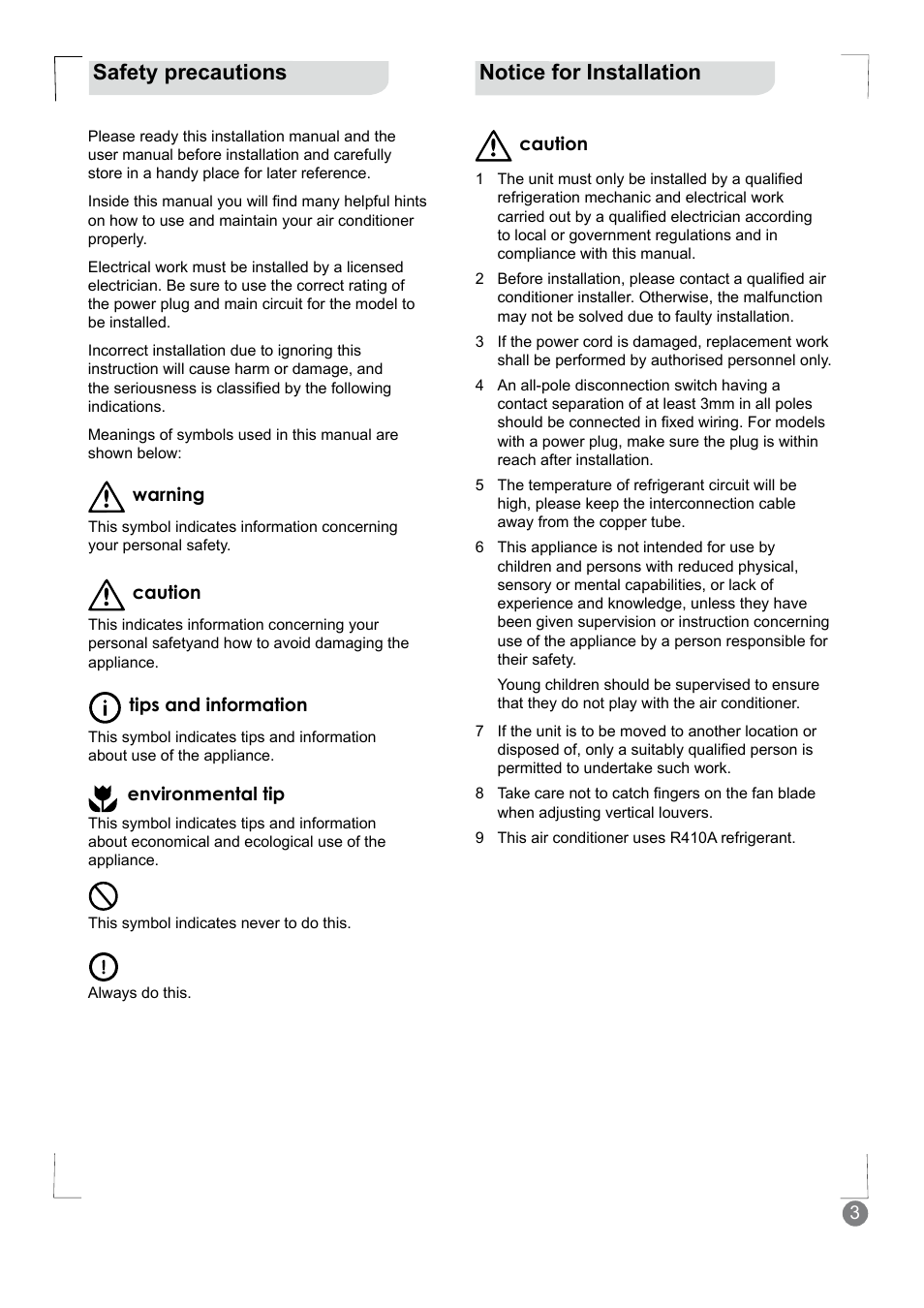 Notice for installation, Safety precautions | Electrolux EXM24HV1WE User Manual | Page 3 / 90