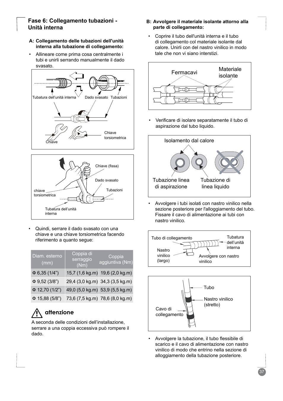 Fase 6: collegamento tubazioni - unità interna, Attenzione | Electrolux EXM24HV1WE User Manual | Page 37 / 90