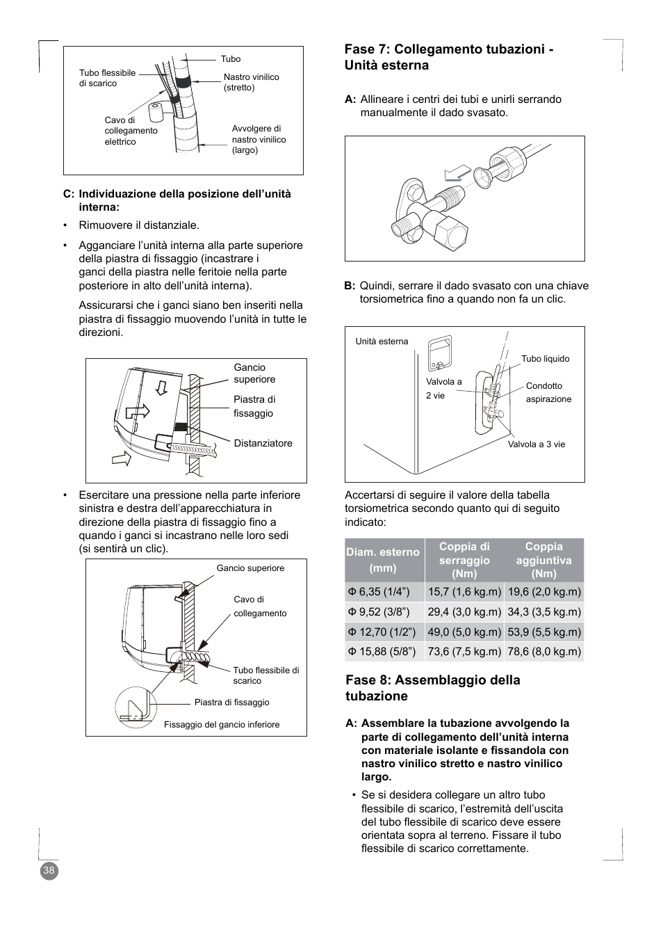 Fase 7: collegamento tubazioni - unità esterna, Fase 8: assemblaggio della tubazione | Electrolux EXM24HV1WE User Manual | Page 38 / 90