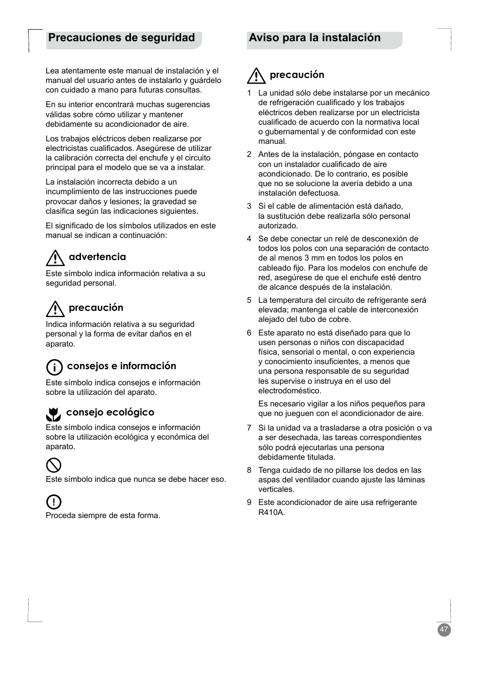 Aviso para la instalación, Precauciones de seguridad | Electrolux EXM24HV1WE User Manual | Page 47 / 90