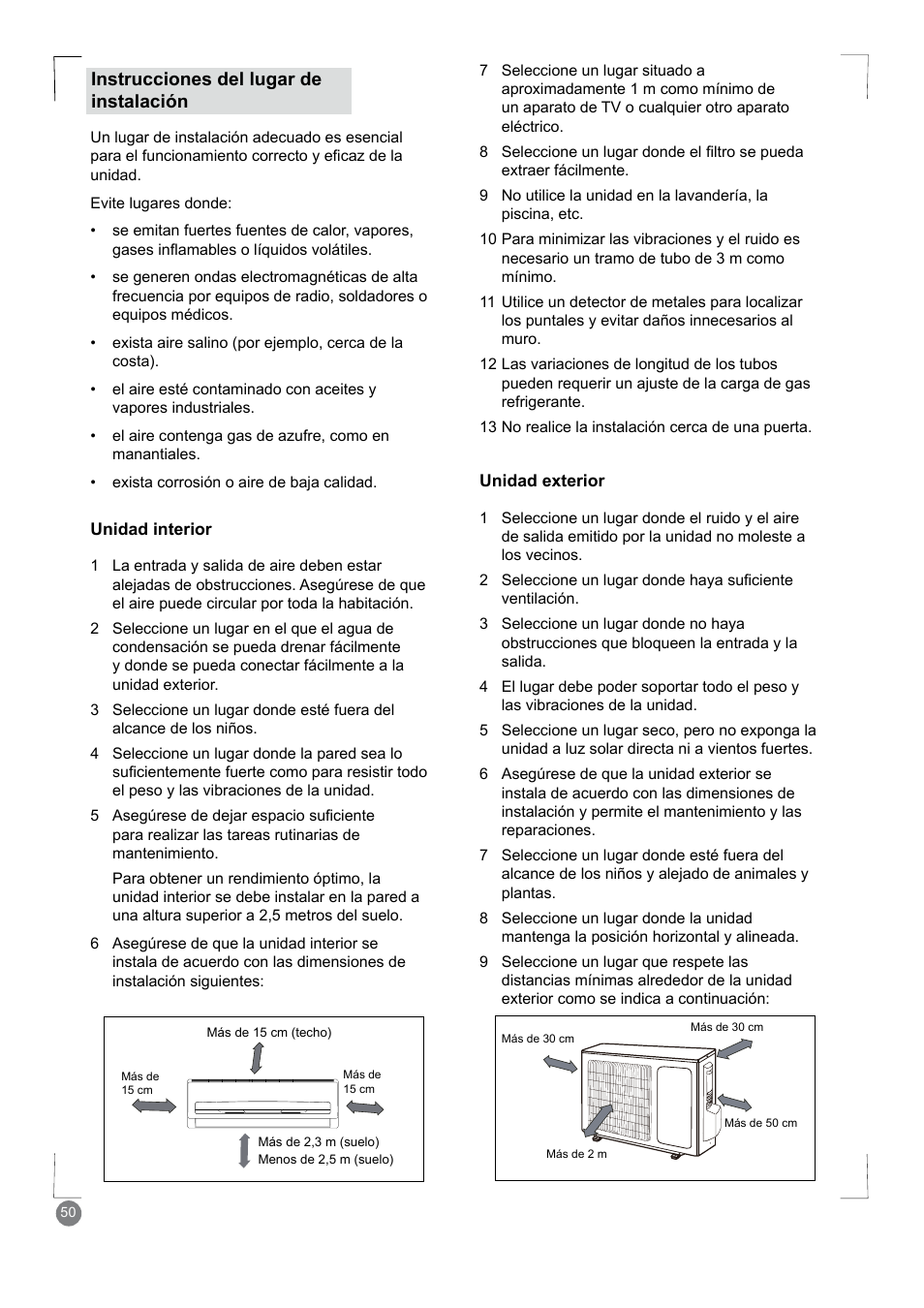 Instrucciones del lugar de instalación | Electrolux EXM24HV1WE User Manual | Page 50 / 90