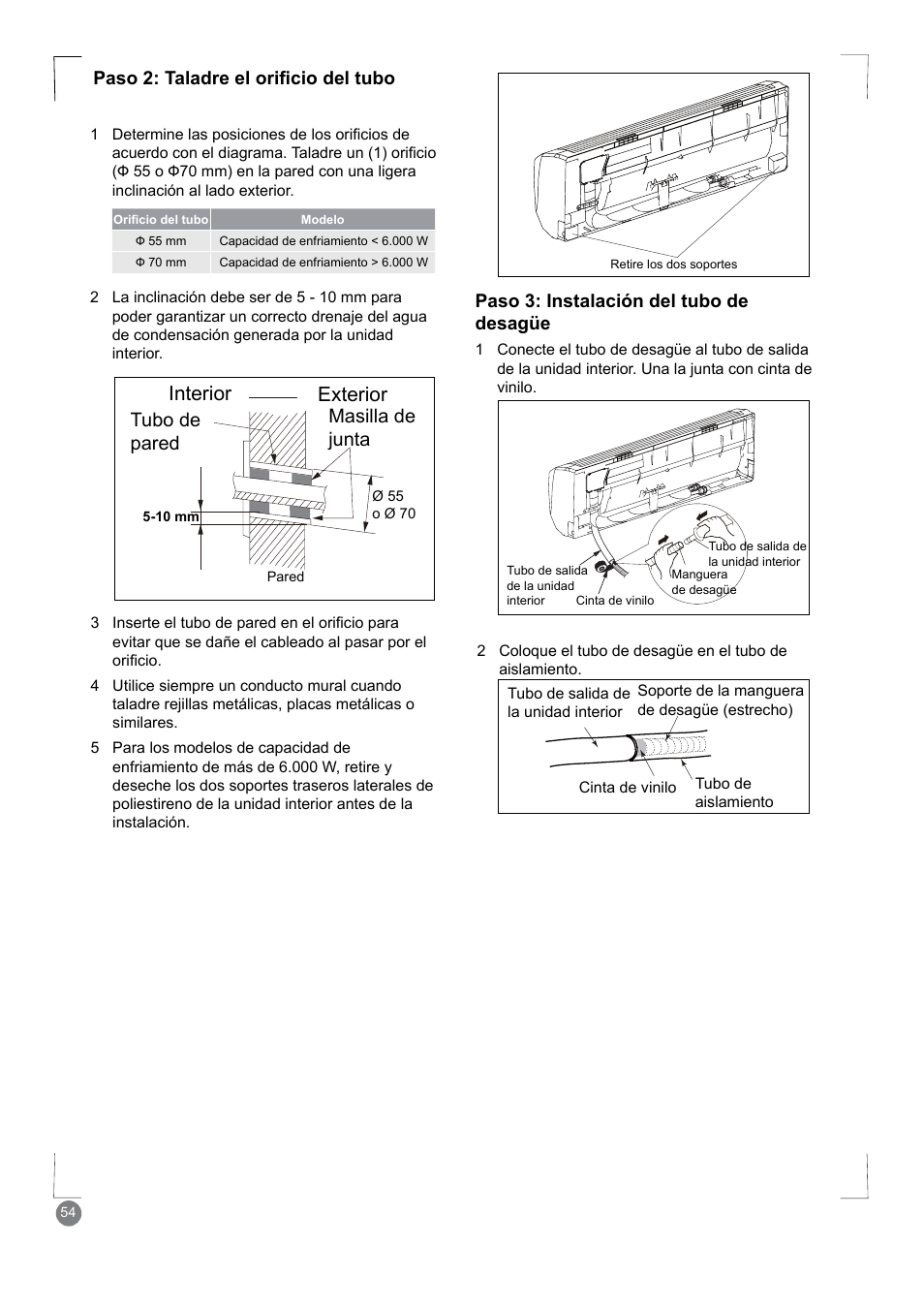 Interior, Exterior, Tubo de pared masilla de junta | Paso 2: taladre el orificio del tubo, Paso 3: instalación del tubo de desagüe | Electrolux EXM24HV1WE User Manual | Page 54 / 90