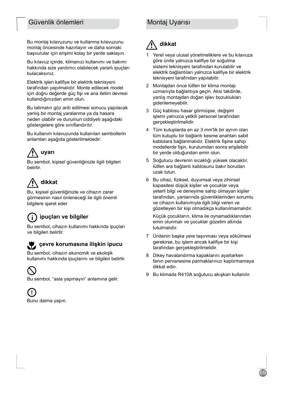 Montaj uyarısı, Güvenlik önlemleri | Electrolux EXM24HV1WE User Manual | Page 69 / 90