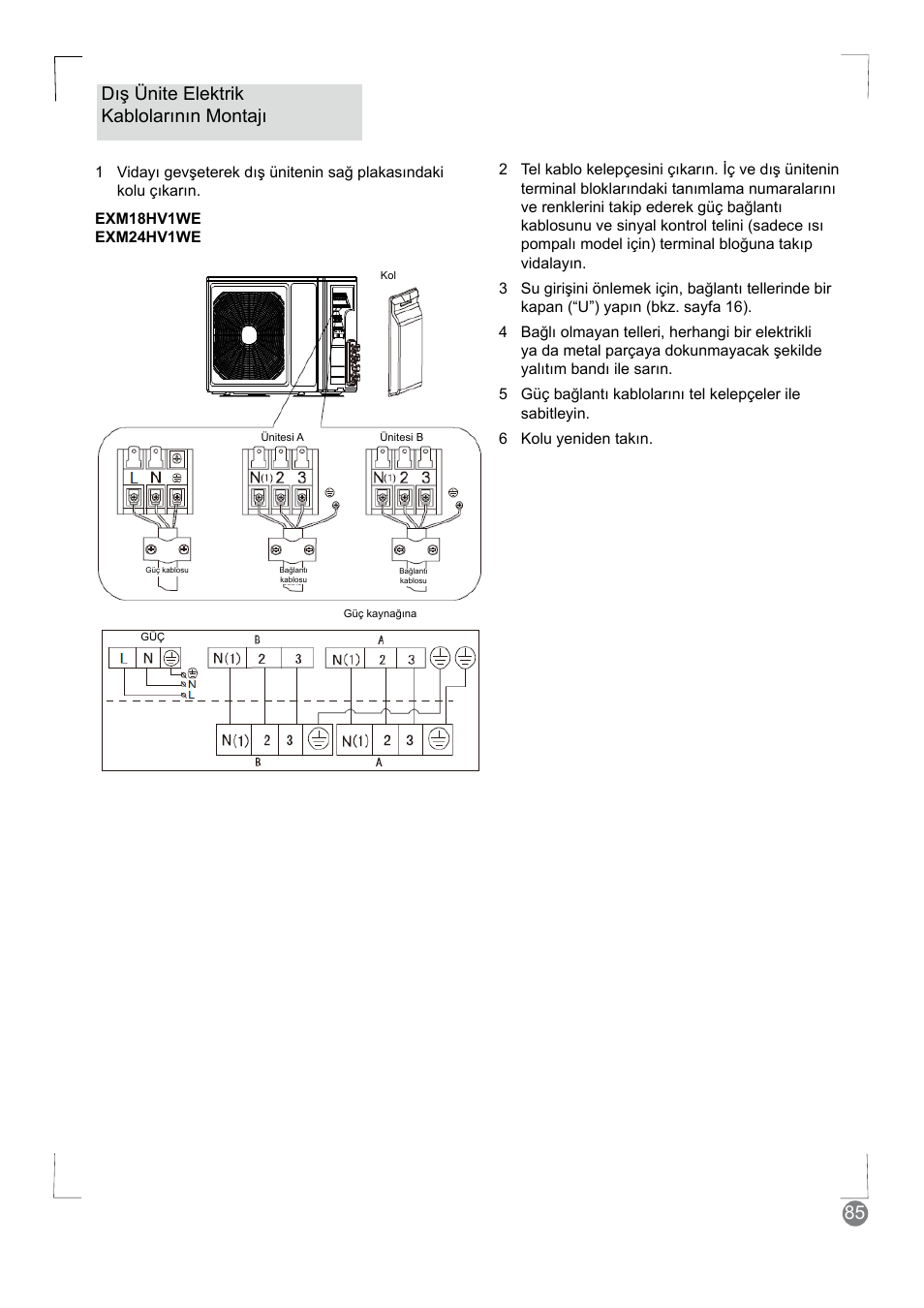 85 dış ünite elektrik kablolarının montajı | Electrolux EXM24HV1WE User Manual | Page 85 / 90