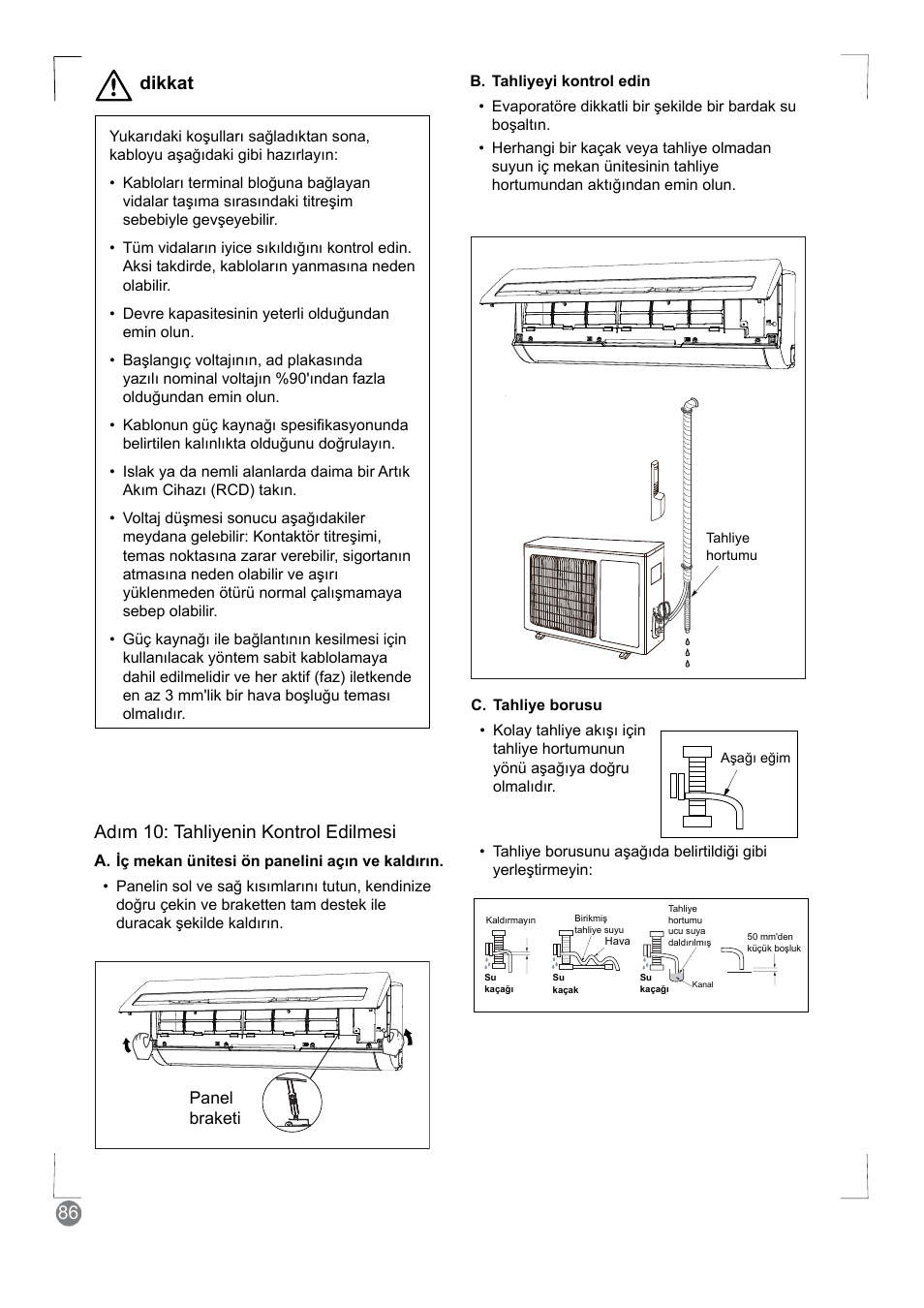 Adım 10: tahliyenin kontrol edilmesi, Dikkat | Electrolux EXM24HV1WE User Manual | Page 86 / 90