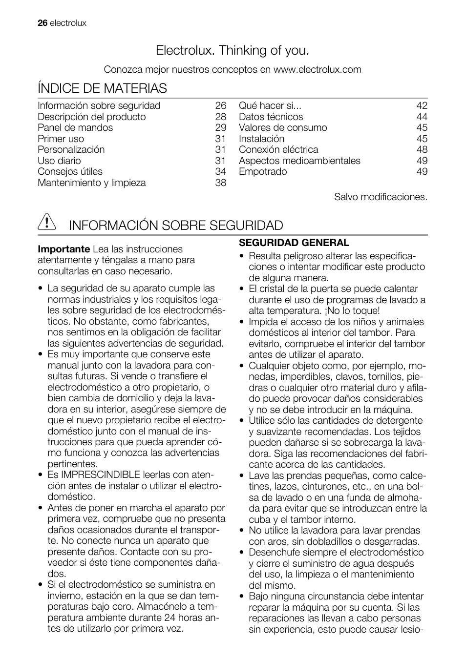 Electrolux. thinking of you, Índice de materias, Información sobre seguridad | Electrolux EWG127410W User Manual | Page 26 / 52