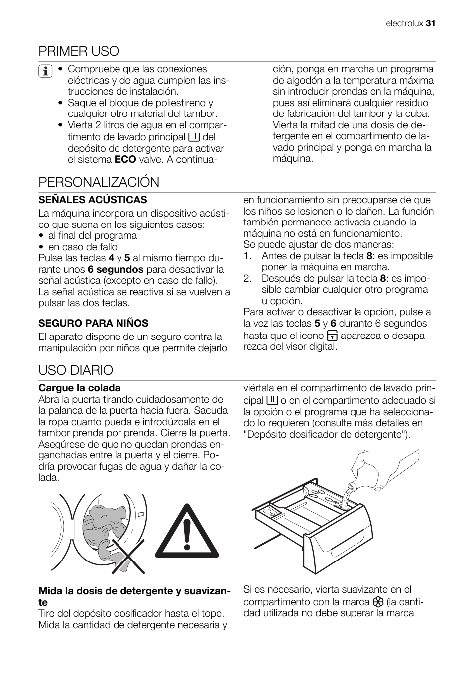 Primer uso, Personalización, Uso diario | Electrolux EWG127410W User Manual | Page 31 / 52