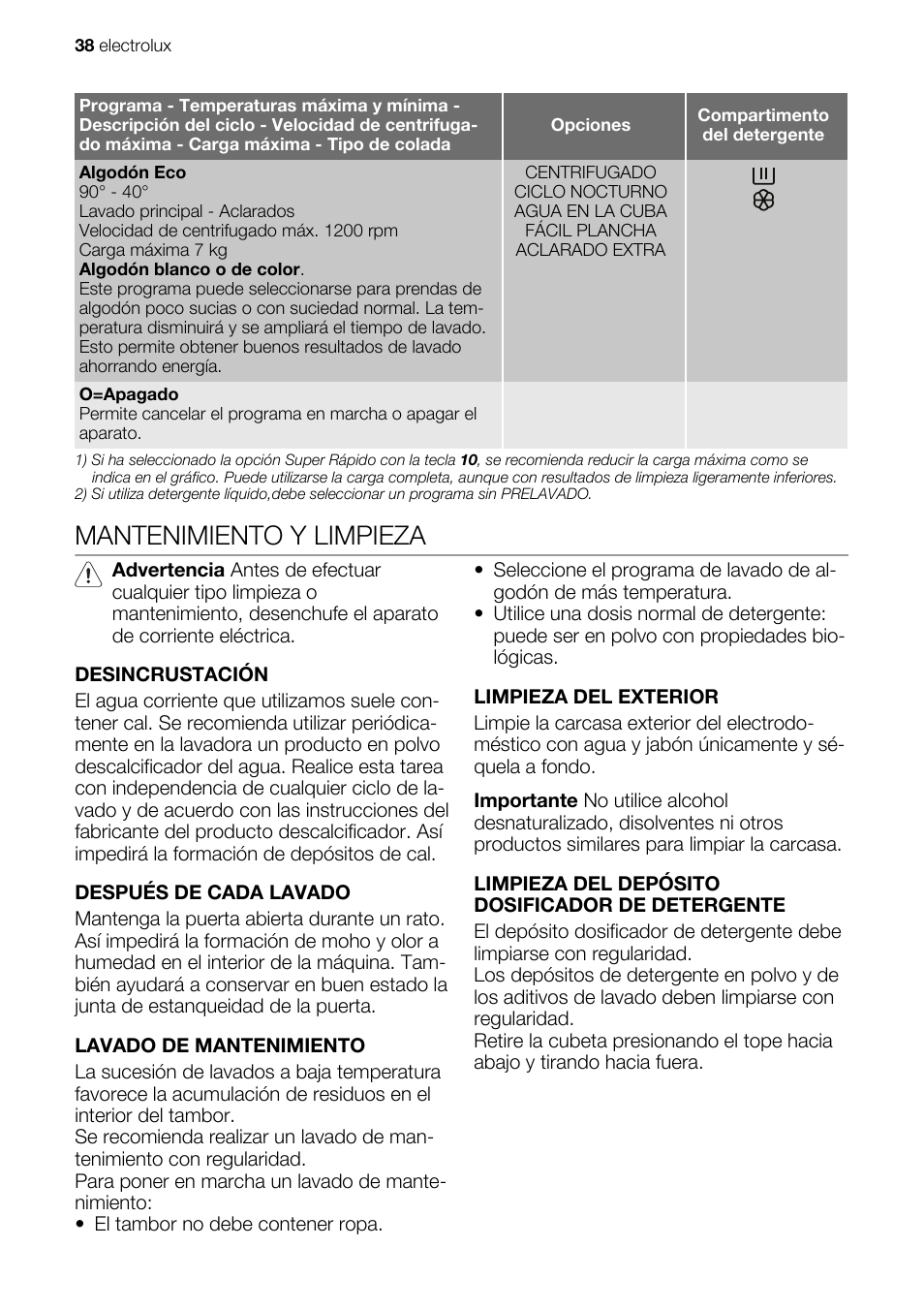 Mantenimiento y limpieza | Electrolux EWG127410W User Manual | Page 38 / 52