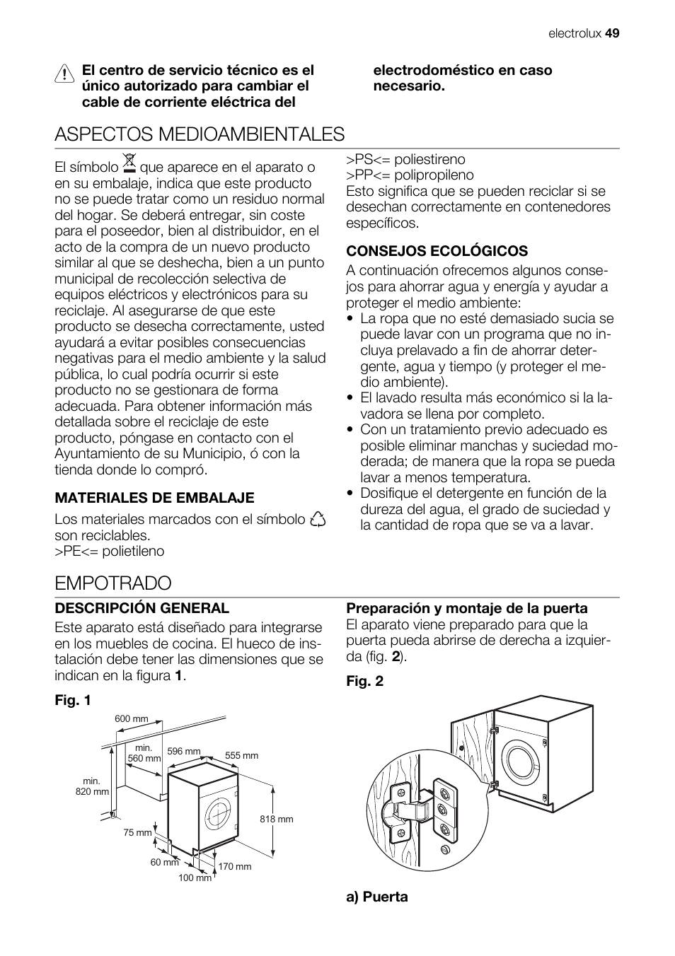 Aspectos medioambientales, Empotrado | Electrolux EWG127410W User Manual | Page 49 / 52