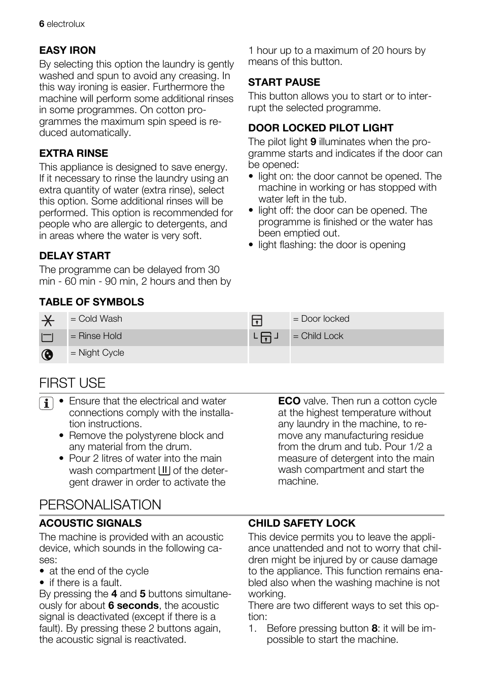 First use, Personalisation | Electrolux EWG127410W User Manual | Page 6 / 52