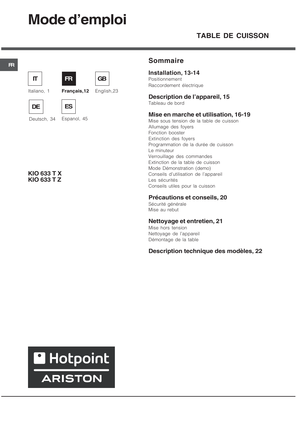 Mode demploi, Sommaire, Table de cuisson | Hotpoint Ariston KIO 633 T X User Manual | Page 12 / 56