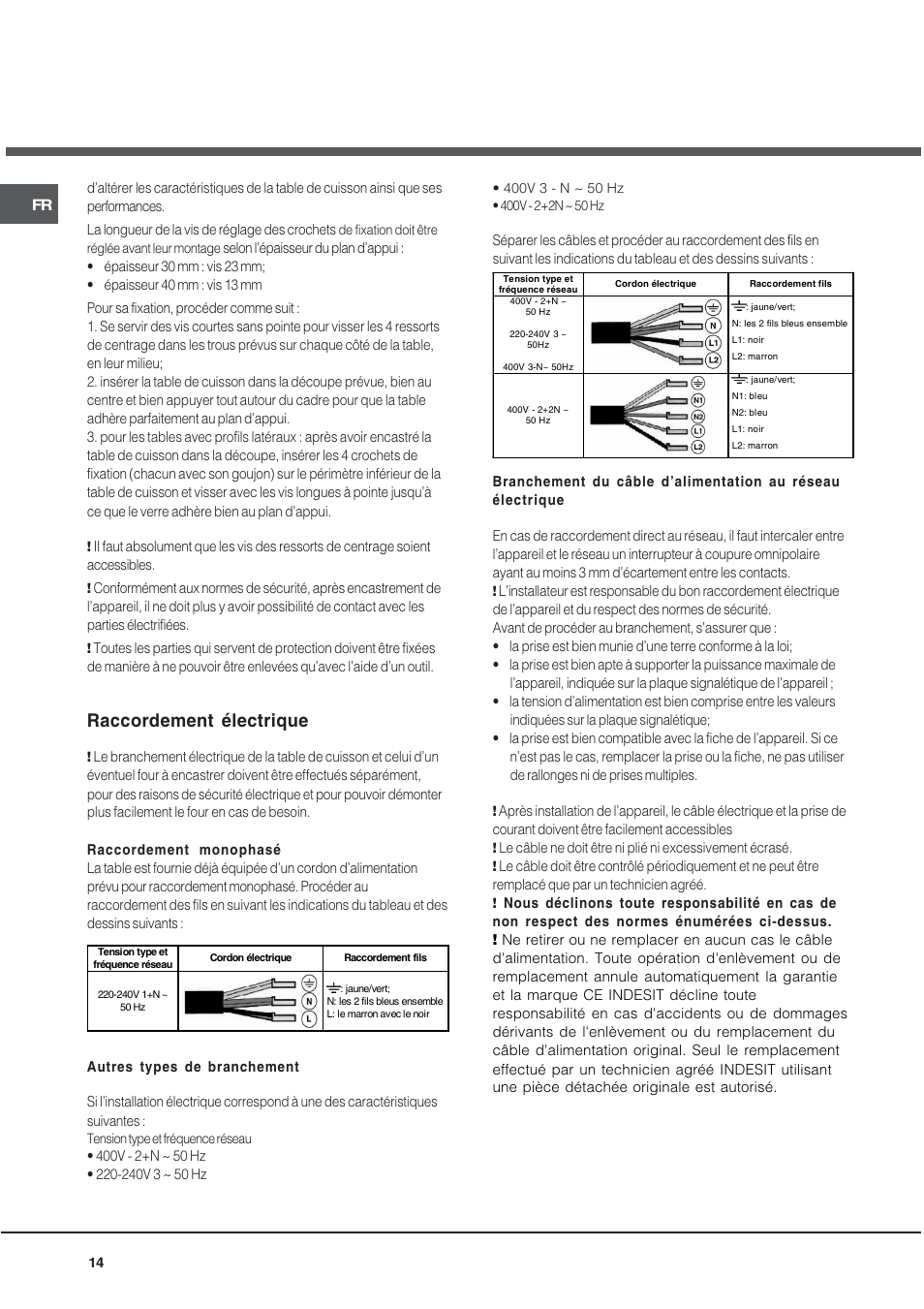 Raccordement électrique | Hotpoint Ariston KIO 633 T X User Manual | Page 14 / 56