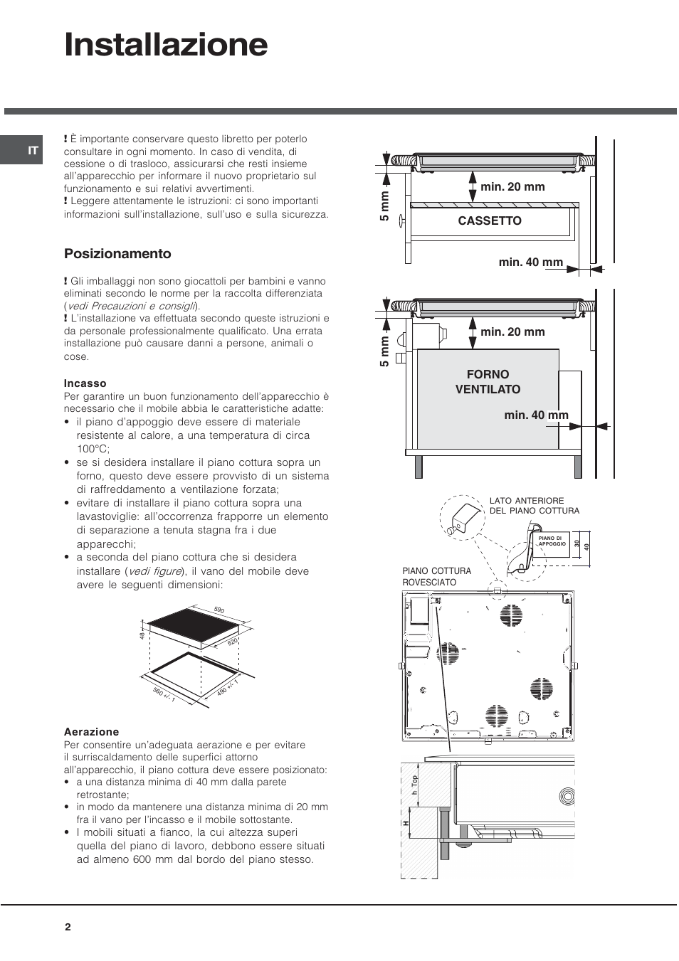 Installazione, Posizionamento | Hotpoint Ariston KIO 633 T X User Manual | Page 2 / 56