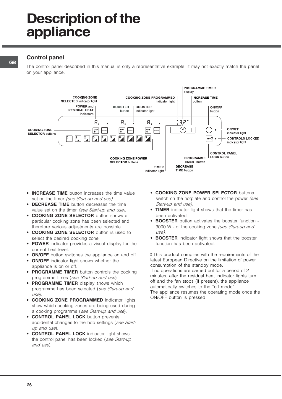 Description of the appliance, Control panel | Hotpoint Ariston KIO 633 T X User Manual | Page 26 / 56