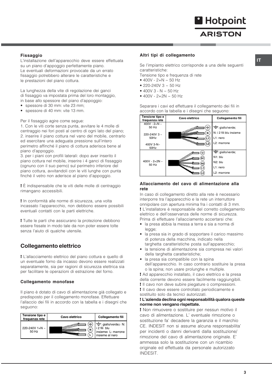 Collegamento elettrico | Hotpoint Ariston KIO 633 T X User Manual | Page 3 / 56