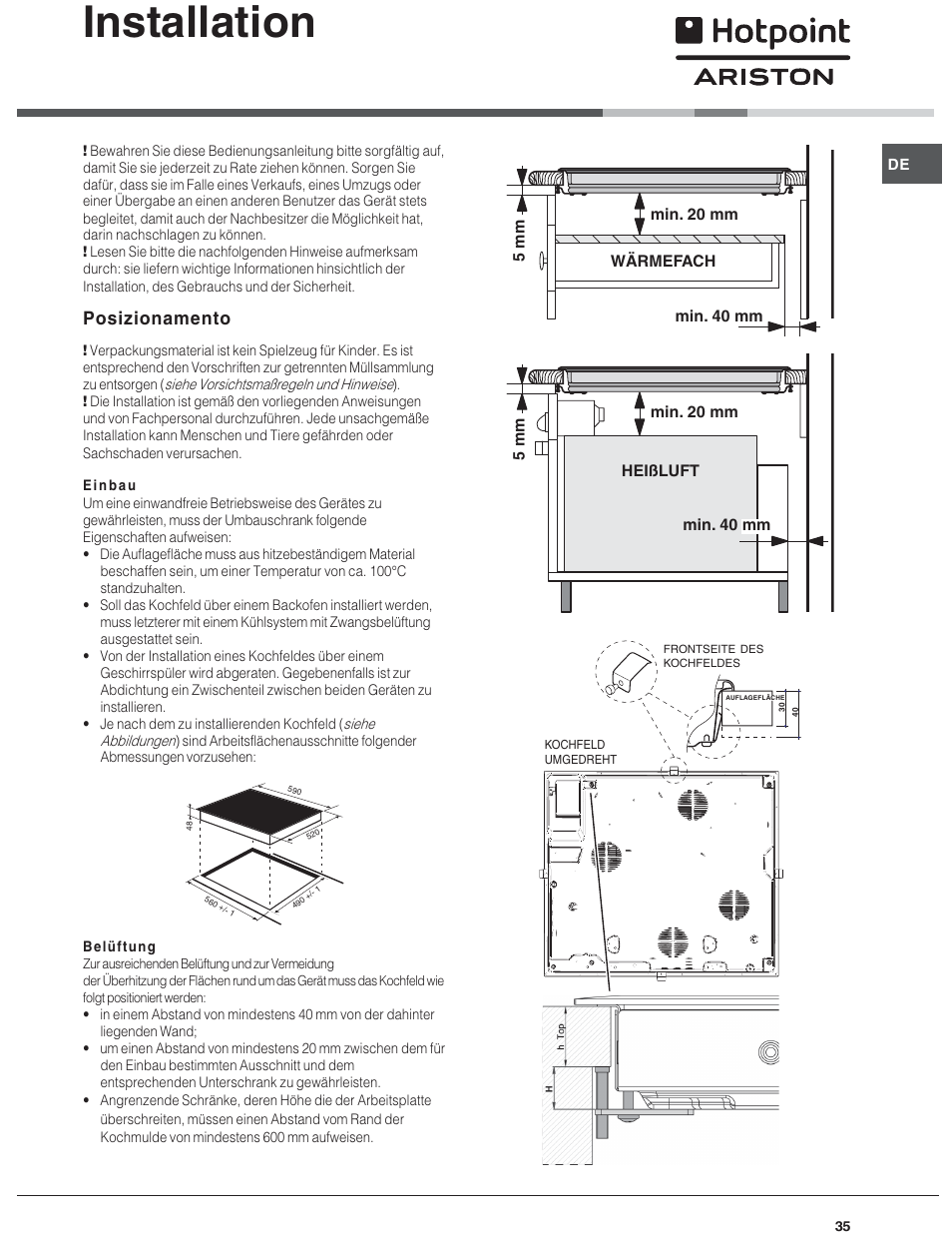 Installation, Posizionamento | Hotpoint Ariston KIO 633 T X User Manual | Page 35 / 56