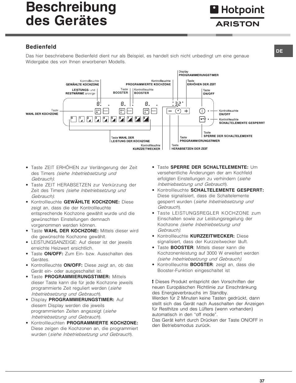 Beschreibung des gerätes, Bedienfeld | Hotpoint Ariston KIO 633 T X User Manual | Page 37 / 56