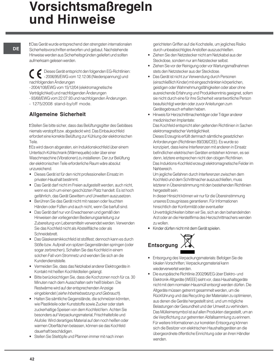 Vorsichtsmaßregeln und hinweise | Hotpoint Ariston KIO 633 T X User Manual | Page 42 / 56