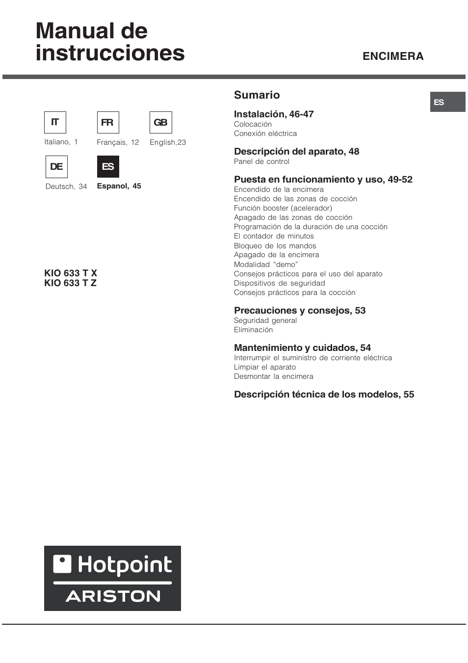 Manual de instrucciones, Encimera, Sumario | Hotpoint Ariston KIO 633 T X User Manual | Page 45 / 56
