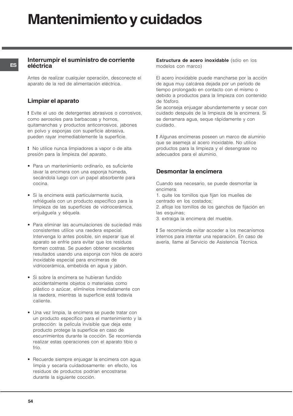 Mantenimiento y cuidados, Interrumpir el suministro de corriente eléctrica, Limpiar el aparato | Desmontar la encimera | Hotpoint Ariston KIO 633 T X User Manual | Page 54 / 56