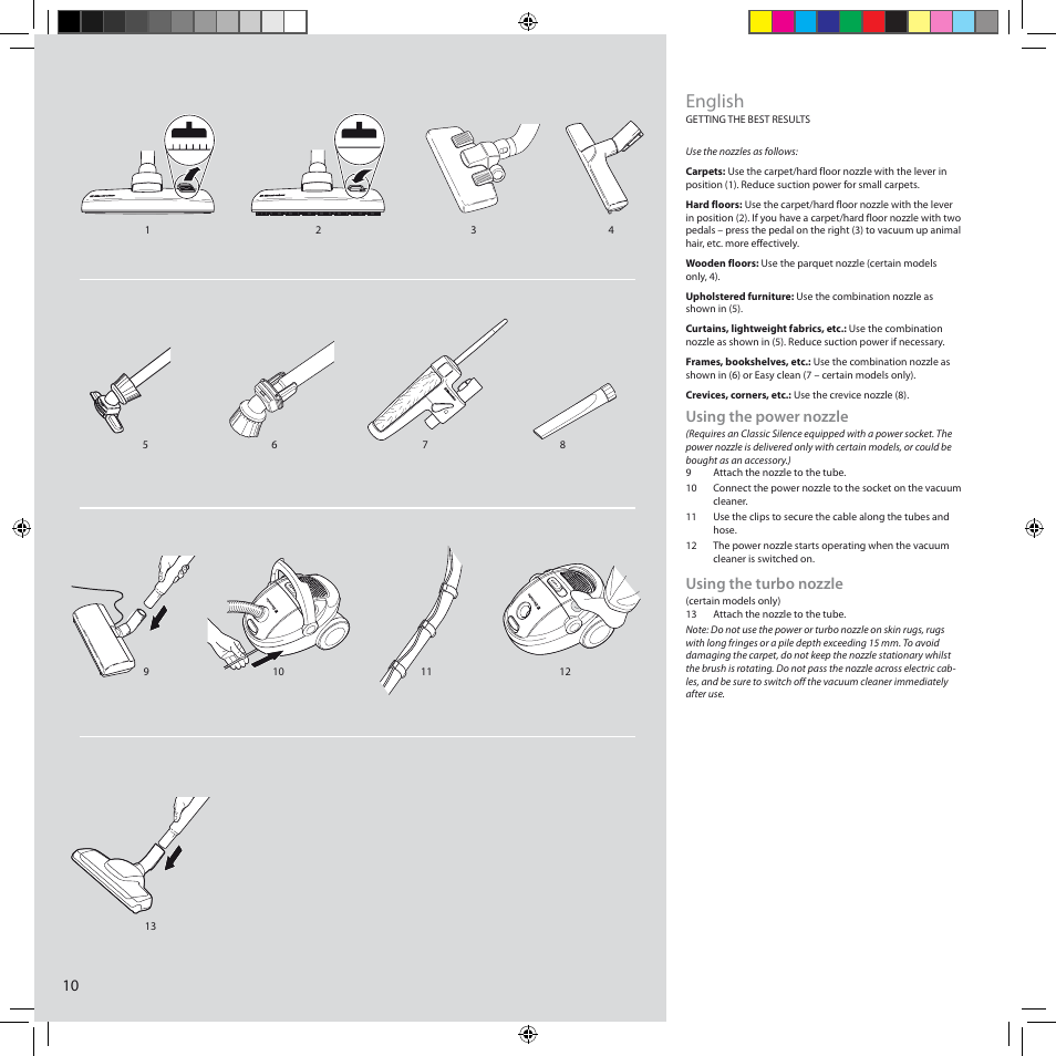 English, Using the power nozzle, Using the turbo nozzle | Electrolux ZCS2100 User Manual | Page 10 / 96