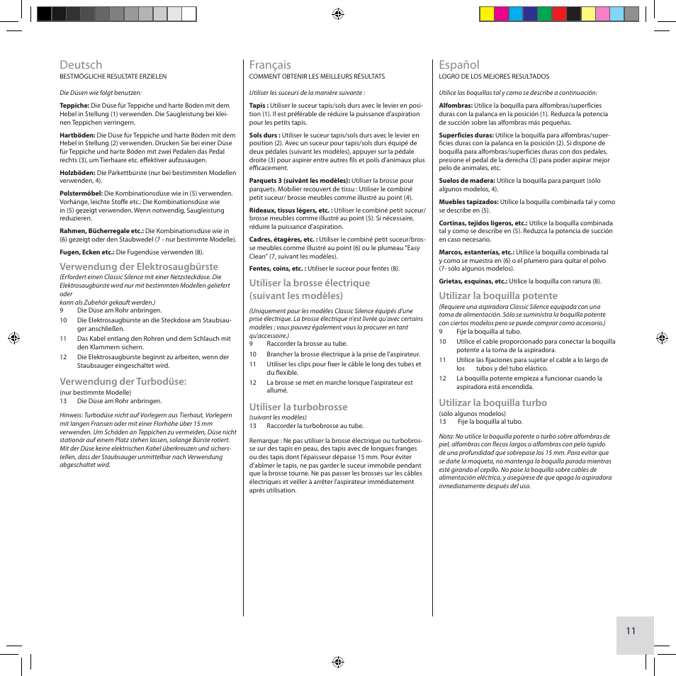 Deutsch, Français, Español | Verwendung der elektrosaugbürste, Verwendung der turbodüse, Utiliser la turbobrosse, Utilizar la boquilla potente, Utilizar la boquilla turbo | Electrolux ZCS2100 User Manual | Page 11 / 96