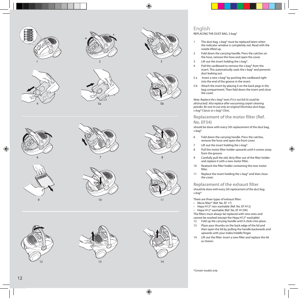 English, Replacement of the motor filter (ref. no. ef54), Replacement of the exhaust filter | Electrolux ZCS2100 User Manual | Page 12 / 96