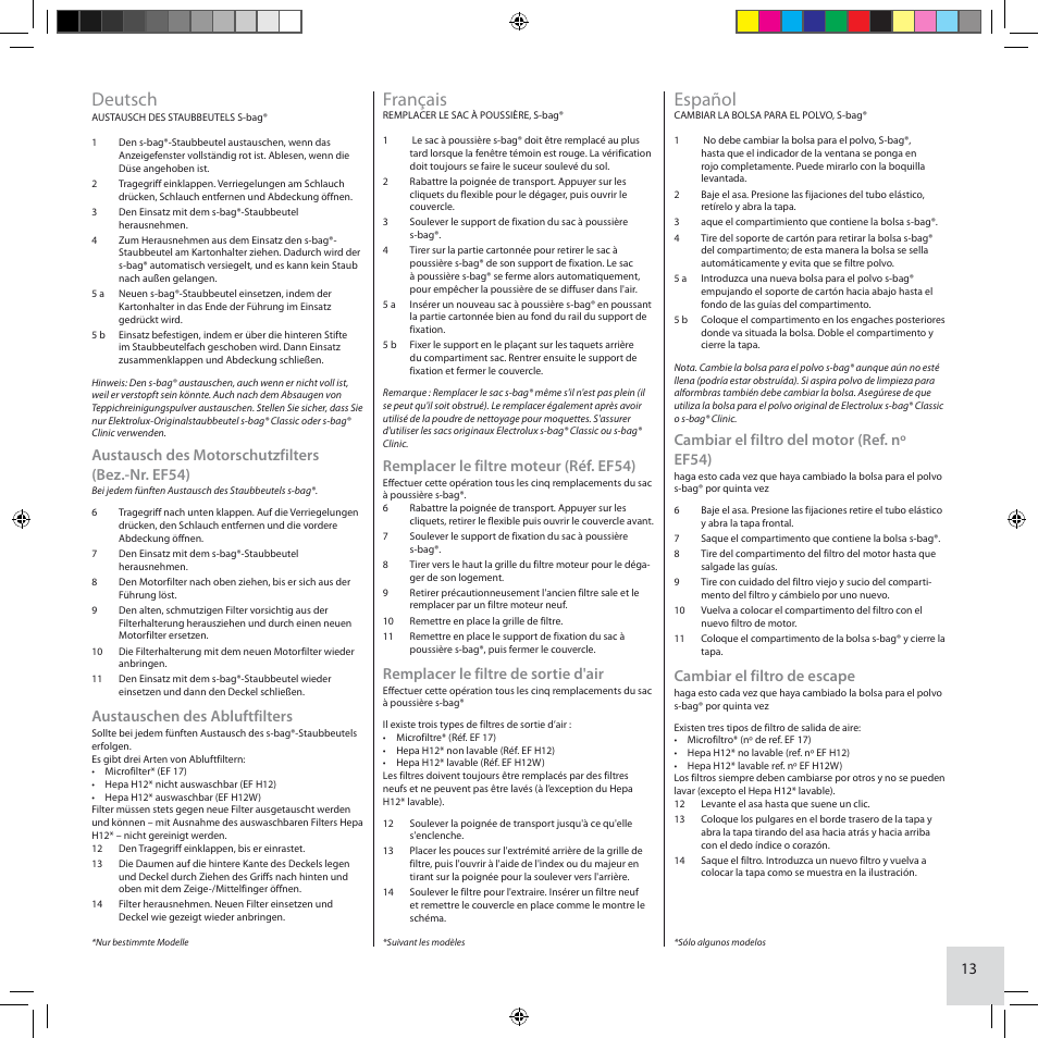 Deutsch, Français, Español | Austausch des motorschutzfilters (bez.-nr. ef54), Austauschen des abluftfilters, Remplacer le filtre moteur (réf. ef54), Remplacer le filtre de sortie d'air, Cambiar el filtro del motor (ref. nº ef54), Cambiar el filtro de escape | Electrolux ZCS2100 User Manual | Page 13 / 96