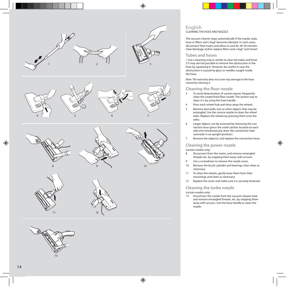 English, Tubes and hoses, Cleaning the floor nozzle | Cleaning the power nozzle, Cleaning the turbo nozzle | Electrolux ZCS2100 User Manual | Page 14 / 96