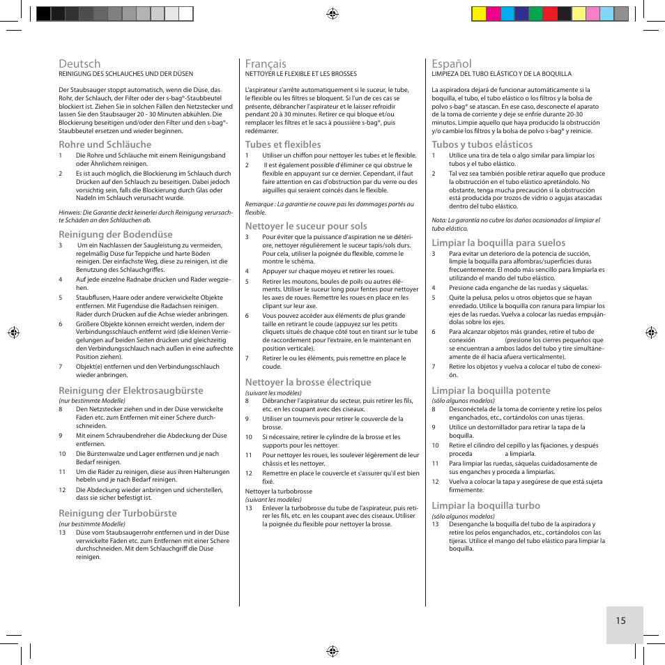 Deutsch, Français, Español | Rohre und schläuche, Reinigung der bodendüse, Reinigung der elektrosaugbürste, Reinigung der turbobürste, Tubes et flexibles, Nettoyer le suceur pour sols, Nettoyer la brosse électrique | Electrolux ZCS2100 User Manual | Page 15 / 96