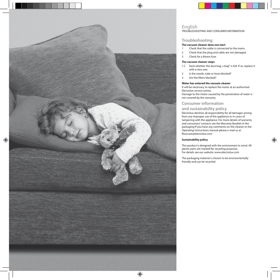 English, Troubleshooting, Consumer information and sustainability policy | Electrolux ZCS2100 User Manual | Page 16 / 96